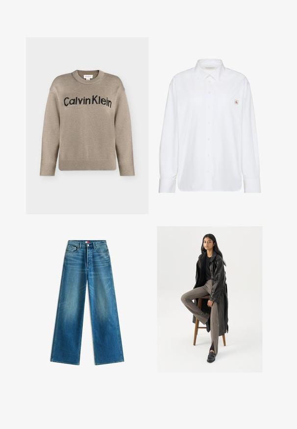Beige gebreide trui met lange mouwen en geribbelde boorden en zoom, met het zwarte "Calvin Klein"-logo over de borst.; Wit overhemd met lange mouwen, knopen, een puntige kraag en een klein Calvin Klein-logo op het linker borstzakje.; Blauwe wijderechte spijkerbroek met voorzakken, riemlussen, knoopsluiting en kleine merkvlagdetails op de zak en taille.; Zwarte leren trenchcoat met knopen en riemdetails, gecombineerd met lichtbruine getailleerde broek en zwarte loafers, zittend op een houten kruk.