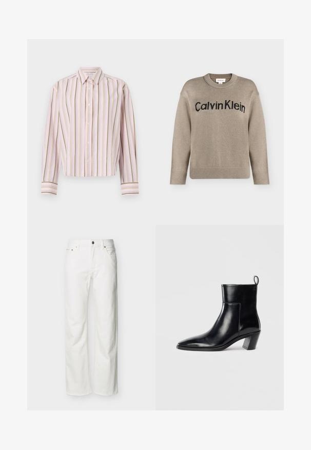 Pull en tricot beige à manches longues avec poignets et ourlet côtelés, portant le logo "Calvin Klein" noir sur la poitrine.; Chemise rayée rose clair avec des lignes verticales vertes et jaunes, fermeture à boutons, et manches longues avec des poignets contrastants.; Jean blanc à jambes droites avec poches avant, passants pour ceinture, fermeture par bouton, et coutures visibles sur un fond uni.; Bottine en cuir noir avec un bout pointu, un talon empilé géométrique et une languette à l'arrière. Texture lisse et design épuré.