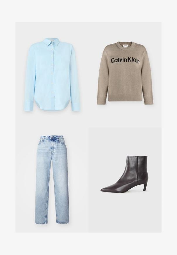 Beige strikket langærmet sweater med ribstrikkede manchetter og kant, med "Calvin Klein"-logo i sort over brystet.; Lysblå skjorte med knapper foran, lange ærmer, krave, afrundet kant og fem knapper foran; lavet af glat, letvægtsstof.; Lyseblå højtaljede jeans med løs pasform, der har lige ben, fem lommer og en klassisk knap- og lynlåslukning.; Sort læder ankelstøvle med spids tå og lav kittenhæl, glat finish, lynlås i siden, vist på en neutral baggrund.