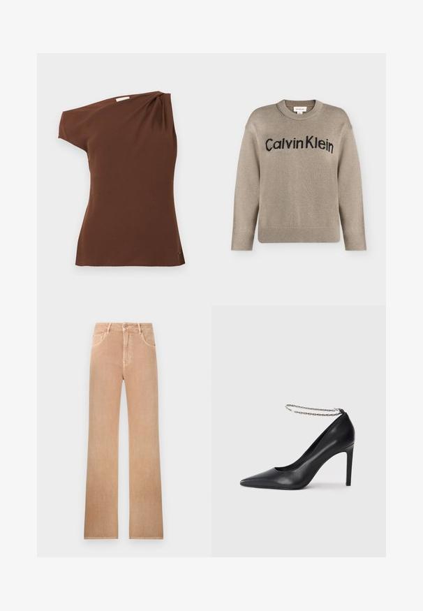 Pull en tricot beige à manches longues avec poignets et ourlet côtelés, portant le logo "Calvin Klein" noir sur la poitrine.; Top brun à une épaule en tissu doux. Présente un détail drapé sur l'épaule et un ourlet courbé en bas.; Jean taille haute à jambes droites de couleur marron clair avec bouton frontal, fermeture éclair, passants de ceinture et design à cinq poches.; Escarpin noir en cuir avec un bout pointu, doté d'une fine bride de cheville en chaîne argentée et d'une texture lisse et élégante.