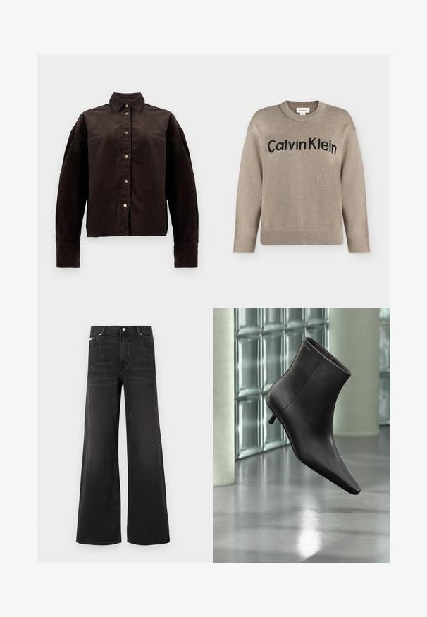 Jersey de punto beige de manga larga con puños y bajo acanalados, con el logo "Calvin Klein" en negro en el pecho.; Camisa de pana marrón con cuello de camisa, botones en la parte frontal y mangas largas. Presenta una tela texturizada y un ajuste ligeramente oversize.; Pantalones vaqueros negros de corte ancho con cierre frontal de botón y cremallera, trabillas para cinturón y estilo de cinco bolsillos.; Bota de cuero negro para el tobillo con puntera puntiaguda y tacón pequeño, exhibida frente a una pared de bloques de vidrio y un suelo pulido.