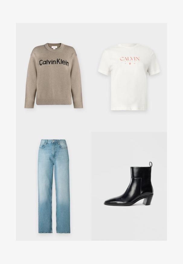 Béžový pletený sveter s dlhými rukávmi, rebrovanými manžetami a lemom, s čiernym logom "Calvin Klein" na hrudi.; Biele bavlnené tričko s červeným logom "CALVIN KLEIN" uprostred, uvedeným dátumom založenia, krátkymi rukávmi a klasickým okrúhlym výstrihom.; Svetlomodré rifle s vysokým pásom a rovnými nohavicami, s predným gombíkom a zipsom, prednými a zadnými vreckami, zobrazené na bielom pozadí.; Čierna kožená členková čižma s špicatou špičkou, geometricky tvarovaným podpätkom a pútkom na zadnej strane. Hladká textura a elegantný dizajn.