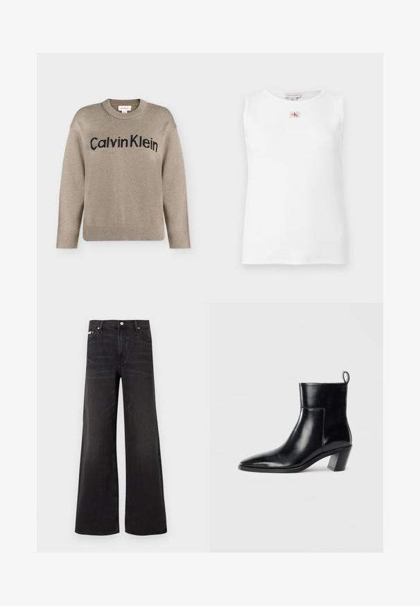 Beige strikket langærmet sweater med ribstrikkede manchetter og kant, med "Calvin Klein"-logo i sort over brystet.; Hvid ærmeløs top med ribstruktur og et lille rødt og sort Calvin Klein-logo centreret under halsudskæringen.; Sorte denim-jeans med vidde ben, lukkes foran med knap og lynlås, bæltestropper og fem-lomme-design.; Sort læder ankelstøvle med spids tå, geometrisk stablet hæl og en løftestrop bagpå. Glat tekstur og slankt design.