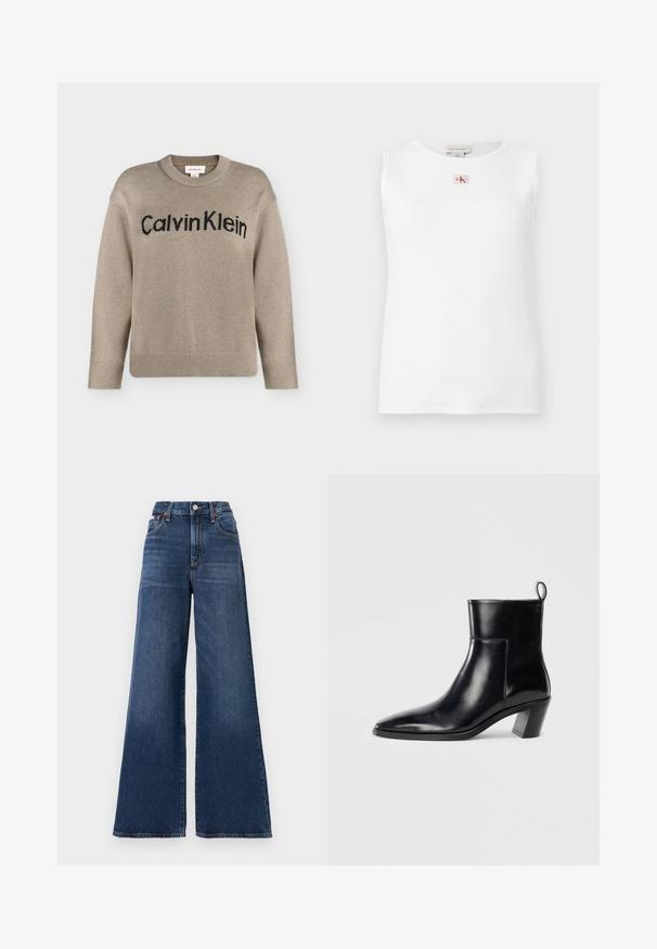 Beige strikket langærmet sweater med ribstrikkede manchetter og kant, med "Calvin Klein"-logo i sort over brystet.; Hvid ærmeløs top med ribstruktur og et lille rødt og sort Calvin Klein-logo centreret under halsudskæringen.; Højtaljede, brede bukser lavet af mørkeblå denim, med knaplukning, fem lommer og subtil falming på lårene.; Sort læder ankelstøvle med spids tå, geometrisk stablet hæl og en løftestrop bagpå. Glat tekstur og slankt design.