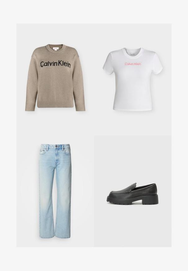 Beige strikket langærmet sweater med ribstrikkede manchetter og kant, med "Calvin Klein"-logo i sort over brystet.; Hvid kortærmet cropped t-shirt med rund hals, der har "Calvin Klein" logo i rødt og svag "SPORT" tekst ovenover på brystet.; Lyseblå brede jeans lavet af denim med et klassisk fem-lomme design og en subtil falmet tekstur. Denim-syninger er synlige.; Sorte læder loafers med rund tå, tyk tekstureret sål og minimale syninger. Elegant design uden synlige snørebånd eller hardware.