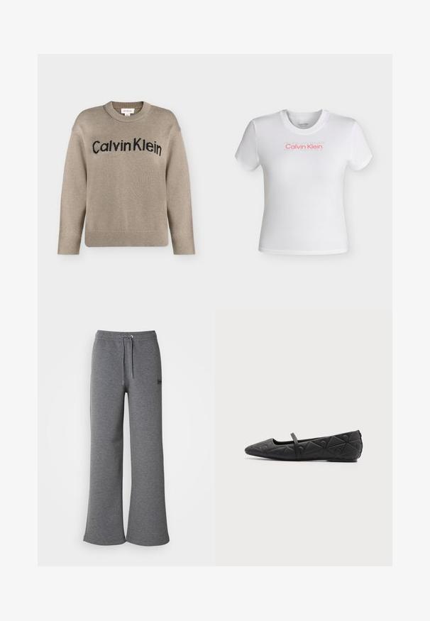 Beige gebreide trui met lange mouwen en geribbelde boorden en zoom, met het zwarte "Calvin Klein"-logo over de borst.; Witte korte mouw cropped t-shirt met ronde hals, met het "Calvin Klein" logo in rood en vage "SPORT" tekst erboven op de borst.; Grijze sweatpants van zacht materiaal, met een trekkoord in de taille, ruime broekspijpen en een subtiele logo-detail aan de zijkant.; Zwarte platte schoen met puntige neus, doorgestikte geometrische patronen en een dunne band over de wreef, op een effen achtergrond.