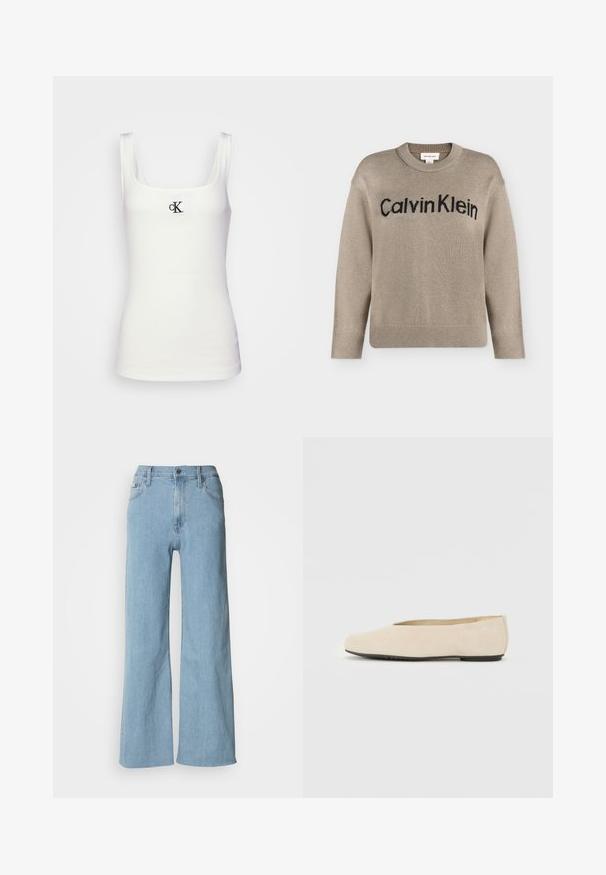 Beige strikket langærmet sweater med ribstrikkede manchetter og kant, med "Calvin Klein"-logo i sort over brystet.; Hvid bomulds tanktop med firkantet udskæring og smalle stropper. Har et lille sort broderet CK-logo på forsiden.; Lyseblå vidde jeans lavet af denim, med en tætsiddende talje, fem-lomme design og subtile syningsdetaljer.; Beige ruskind ballerina med rund tå, flad sål og minimalistisk design. Glat tekstur uden synligt hardware eller udsmykninger.