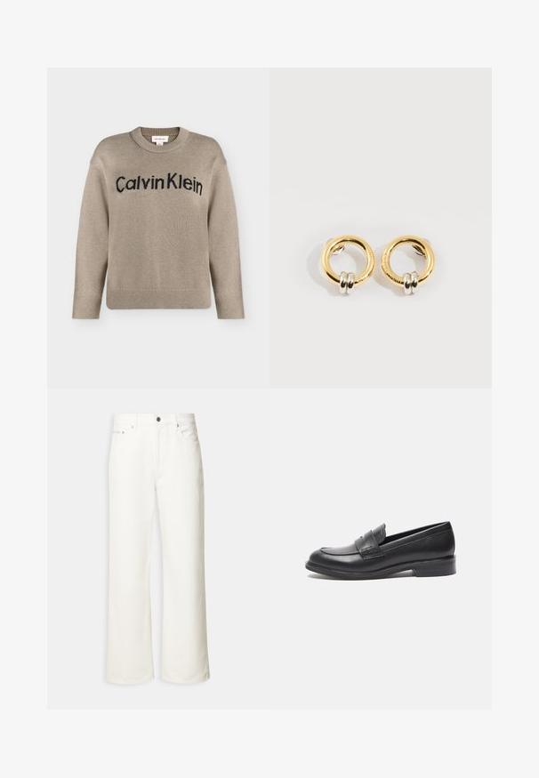 Beige strikket langærmet sweater med ribstrikkede manchetter og kant, med "Calvin Klein"-logo i sort over brystet.; Hvide jeans med vide ben, foran med knap, bæltestropper og fem-lomme design.; Sorte læderloafer med en glat overflade, rund tå og sidesyning. Har en lav, rektangulær hæl.; Guld cirkulære øreringe med to små sølv-ringe på hver, der viser subtile indgraverede mærkenavne detaljer, sat på en hvid baggrund.