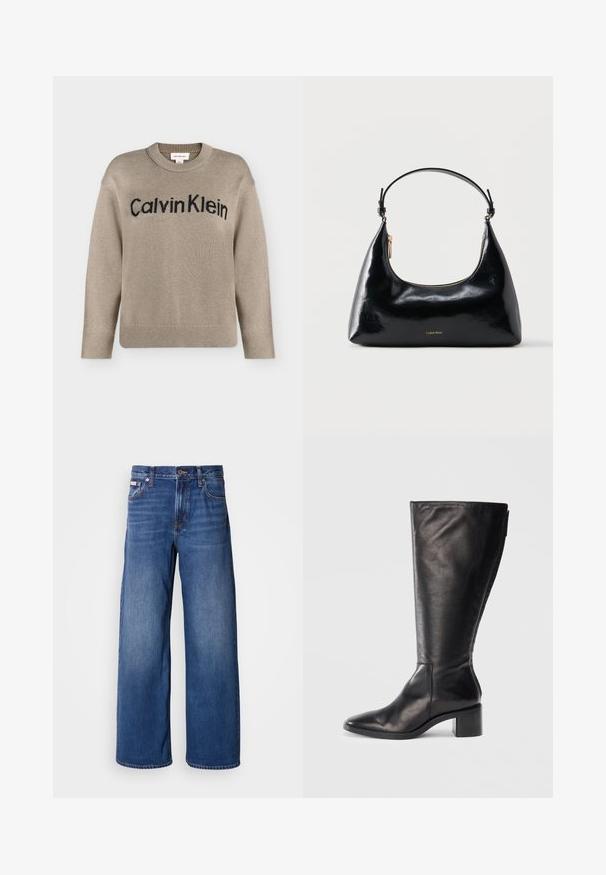 Beige gebreide trui met lange mouwen en geribbelde boorden en zoom, met het zwarte "Calvin Klein"-logo over de borst.; Wijdvallende spijkerbroek in donkerblauw, met een hoge taille, vijf zakken en subtiele vervagingen aan de voorkant voor extra textuur en detail.; Zwarte leren kniehoog laars met een vierkante neus, blokhak en slank ontwerp. Gladde textuur met een zijrits voor gemakkelijke instap.; Zwarte glanzende Calvin Klein handtas met gouden rits en korte band tegen een effen witte achtergrond.