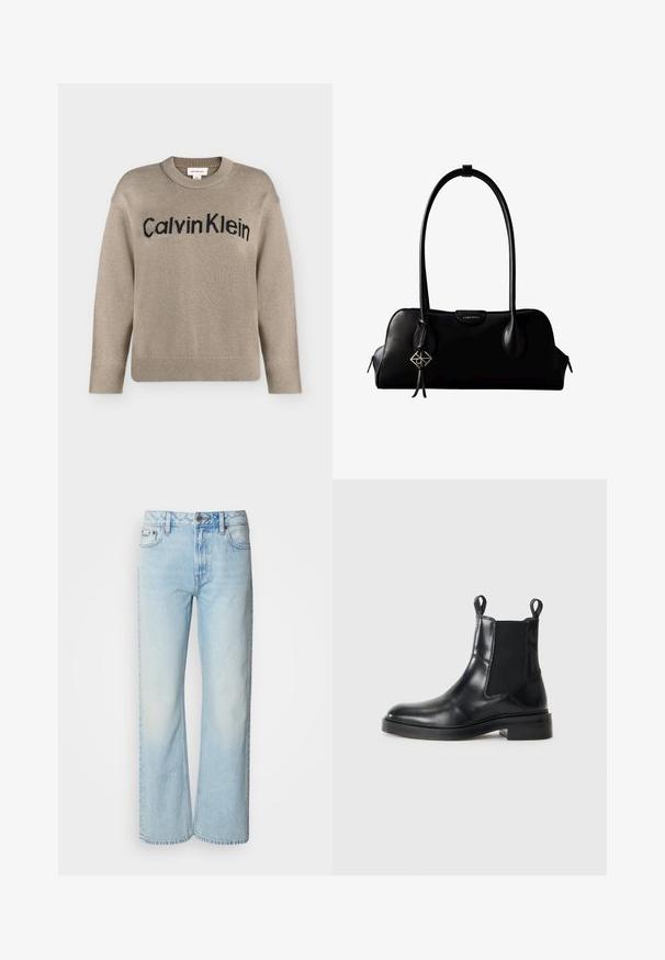 Pull en tricot beige à manches longues avec poignets et ourlet côtelés, portant le logo "Calvin Klein" noir sur la poitrine.; Jeans à jambes larges bleu clair en denim, présentant un design classique à cinq poches et une texture légèrement décolorée. La couture en denim est visible.; Bottine Chelsea noire en cuir avec panneaux élastiques sur les côtés et tirants, sur fond blanc, vue de côté.; Sac à main en cuir noir Calvin Klein avec de longues anses, une étiquette logo à l'avant et un charme géométrique argenté suspendu à une anse.