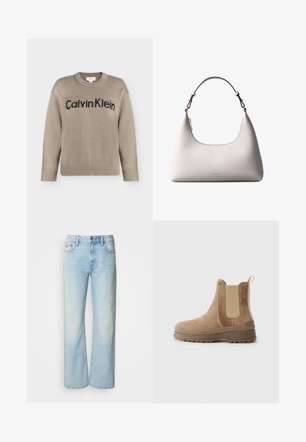 Pull en tricot beige à manches longues avec poignets et ourlet côtelés, portant le logo "Calvin Klein" noir sur la poitrine.; Jeans à jambes larges bleu clair en denim, présentant un design classique à cinq poches et une texture légèrement décolorée. La couture en denim est visible.; Bottines Chelsea en daim marron avec des panneaux élastiques sur les côtés, une languette de tirage, une semelle en caoutchouc et une surface texturée, dotées d'un bout arrondi et d'une conception robuste.; Sac à bandoulière en cuir couleur crème de Calvin Klein avec bord supérieur incurvé, fermeture éclair argentée et sangle ajustable brun foncé.
