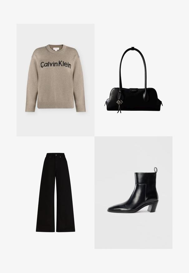 Béžový pletený sveter s dlhými rukávmi, rebrovanými manžetami a lemom, s čiernym logom "Calvin Klein" na hrudi.; Široké čierne deninové nohavice s vysokým pásom, vybavené kovovým zapínaním a dvoma prednými vreckami. Hladká textúra s minimalistickým dizajnom.; Čierna kožená členková čižma s špicatou špičkou, geometricky tvarovaným podpätkom a pútkom na zadnej strane. Hladká textura a elegantný dizajn.; Čierna kožená kabelka Calvin Klein s dlhými rúčkami, prednou značkou s logom a strieborným geometrickým príveskom visiaci na jednej rúčke.