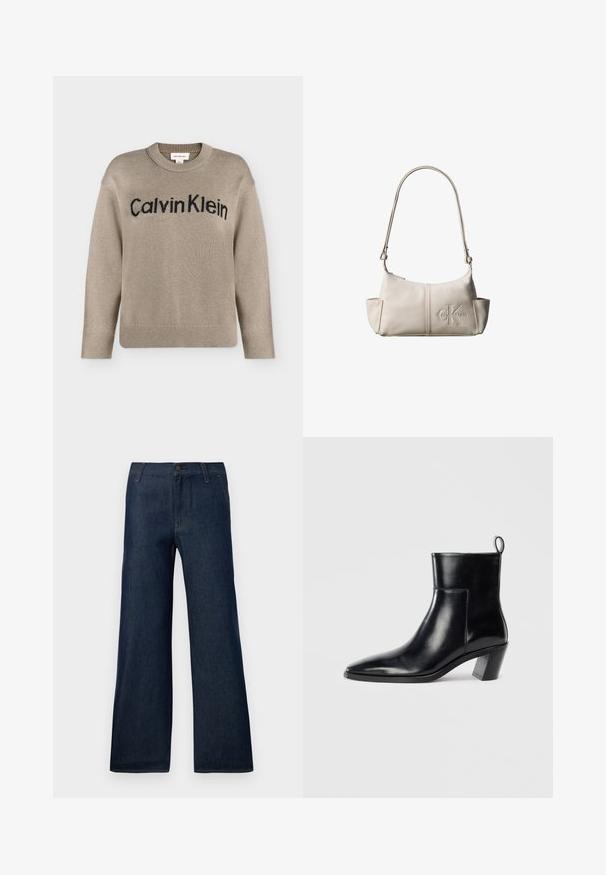 Beige gebreide trui met lange mouwen en geribbelde boorden en zoom, met het zwarte "Calvin Klein"-logo over de borst.; Donkerblauwe wijdvallende jeans gemaakt van denim, met een klassieke vijf-pocket design, knoopsluiting en subtiele stikdetails.; Zwarte leren enkelboot met een spitse neus, een geometrische gestapelde hak en een trekband aan de achterkant. Gladde textuur en slank ontwerp.; Kleine beige leren schoudertas met verstelbare riem en geperst Calvin Klein-logo aan de voorkant in het midden.