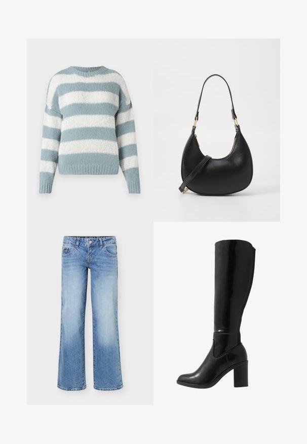 Chunky striktrøje med brede vandrette striber i lys blå og hvid, der har lange ærmer og en rund halsudskæring.; Lyseblå denimjeans med en let vidde i benene, femlommefacon og knap- og lynlåslukning foran.; Knæhøje sorte glansede støvler med hæl, rund tå, glat overflade, detalje med udskæring på siden og en chunky stablet hæl.; Sort læder håndtaske med en buet form, udstyret med en top-lynlås, et kort håndtag og en aftagelig crossbody-strop. Gyldne hardware-accenter.
