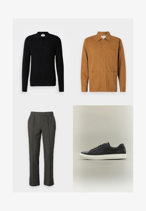 Sort strikket sweater med kabelmønster, lange ærmer og polo krave. Har tre frontknapper samt ribbede manchetter og kant.; Brun skjortejakke med tre forlommer, lange ærmer og et lille logo på den nederste højre lomme.; Grå skræddersyede bukser med en struktureret stof, der har en elastisk talje, lige ben og detaljer med forkant.; Sort lavtop sneakersko med hvid gummisål og sorte snørebånd, vist i sideprofil mod en neutral baggrund.