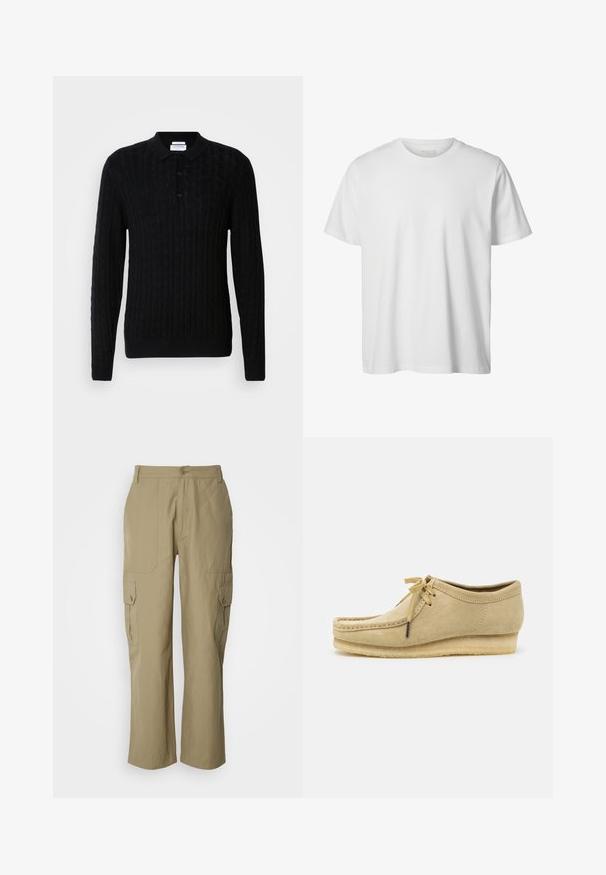 Pull en tricot noir avec un motif en torsades, manches longues et col polo. Présente trois boutons à l'avant et des poignets et un ourlet côtelés.; T-shirt blanc uni à manches courtes, col rond, coupe décontractée, sans logos ni motifs visibles à l'avant.; Pantalons cargo beige en tissu léger, dotés de deux poches latérales, d'une fermeture à bouton et d'une coupe droite.; Chaussure en daim beige avec un design à lacets, des détails cousus et une semelle en caoutchouc. La forme est décontractée avec un léger talon compensé.