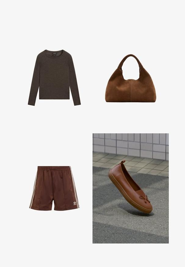 T-shirt à manches longues de couleur brun foncé avec encolure ras du cou et manches raglan, présenté à plat sur un fond blanc.; Shorts de sport marron en tissu lisse avec une coupe décontractée, présentant des rayures blanches sur les côtés et un logo brodé en bas à gauche.; Chaussure plate en cuir marron avec un petit détail de nœud, suspendue au-dessus d'une surface pavée à côté d'un mur carrelé en arrière-plan.; Sac hobo en daim marron avec une anse large et arrondie et une forme souple et décontractée sur un fond blanc.