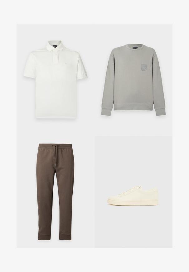 Grijze katoenen trui met lange mouwen, geribde boorden en een klein geborduurd logo op de borst. Ronde halslijn en ontspannen pasvorm.; Witte poloshirt gemaakt van zachte katoen, met een klassieke kraag, korte mouwen en een klein logo op de borst. Soepele textuur.; Bruine taps toelopende joggingbroek met elastische tailleband en trekkoord, plat liggend op een lichte achtergrond.; Slofkleurige sneaker met een glad leren bovenwerk, ronde neus, vetersluiting en een geribbelde rubberen zool. Minimalistisch ontwerp, zonder logo's.