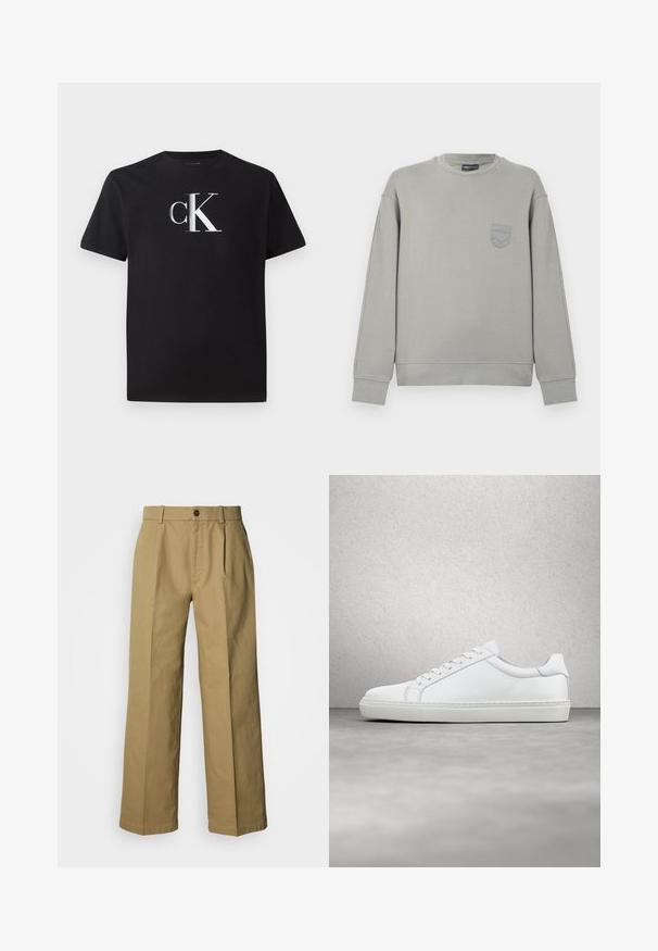 Graues Sweatshirt aus Baumwolle mit langen Ärmeln, gerippten Bündchen und einem kleinen, aufgestickten Logo auf der Brust. Rundhalsausschnitt und lockere Passform.; Schwarzes Baumwoll-T-Shirt mit einem silbernen "ck"-Logo auf der Vorderseite. Kurzärmlig und mit einem runden Halsausschnitt in regulärer Passform.; Beige weite Baumwollhosen mit Knopfleiste, drei Falten und geraden Säumen für eine lockere Passform.; Weißer Sneaker mit glattem Lederobermaterial und niedrigem Profil. Verfügt über eine runde Zehenpartie, sechs Ösen und eine strukturierte Gummisohle.