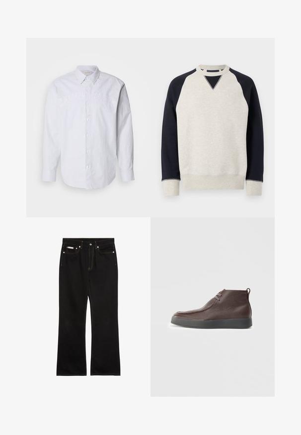 Ronde hals sweater met lichtgrijze body, zwarte raglanmouwen en grijze manchetten en zoom.; Witte lange mouwen shirt van linnen met verticale blauwe strepen, voorzien van een knoopsluiting aan de voorkant en een reliëf "CALVIN KLEIN" logo over de borst.; Zwarte jeans met rechte pijpen, oranje stiksels, vijf zakken, knoopsluiting en een klein Calvin Klein-label op de voorste rechterzak.; Bruine leren enkellaarzen met een gestructureerd oppervlak, zachte ronde neus en grijze rubberen zool, voorzien van twee oogjes voor veters.