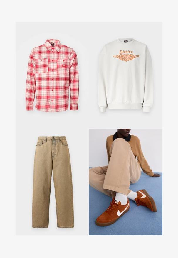 Sudadera blanca de manga larga con puños y dobladillo acanalados, con el logotipo alado naranja de "Dickies" y Harley-Davidson Motor Cycles en el frente.; Camisa de franela a cuadros rojos y blancos con mangas largas, cierre de botones en la parte delantera, dos bolsillos en el pecho y una etiqueta en la parte izquierda. Textura suave.; Jeans de mezclilla color beige con un diseño de pierna recta, que cuentan con cierre de cremallera, trabillas para el cinturón y costuras en contraste. Sin patrones destacados ni detalles de herrajes.; Zapatillas de ante marrón con el logo de Nike en blanco y suelas de goma, combinadas con pantalones beige claros y calcetines cortos blancos sobre una superficie azul.
