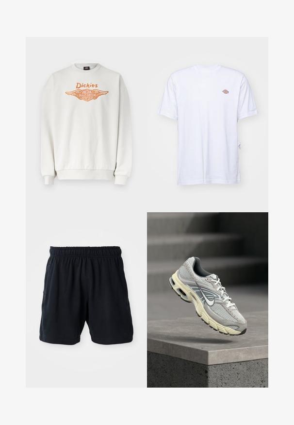 Hvid langærmet sweatshirt med ribbede manchetter og kant, med orange "Dickies" og Harley-Davidson Motor Cycles vingelogo på fronten.; Hvid bomulds t-shirt med v-hals og korte ærmer. Har et lille farverigt broderet logo på venstre bryst. Blød tekstur.; Sorte sportsshorts lavet af blød stof, med elastisk talje og to sidelommer for bekvemmelighed.; Grå og hvid Nike løbesko med polstret sål, svævende over et betontrin i et udendørs miljø.
