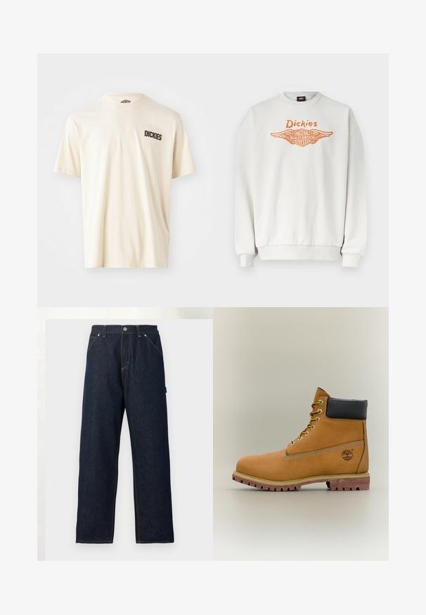 Sudadera blanca de manga larga con puños y dobladillo acanalados, con el logotipo alado naranja de "Dickies" y Harley-Davidson Motor Cycles en el frente.; Camiseta de algodón color beige claro con mangas cortas y escote redondo. Presenta un texto de logotipo en color marrón oscuro "DICKIES" en la zona del lado izquierdo del pecho.; Vaqueros de mezclilla de pierna recta en azul oscuro, con bolsillos delanteros, trabillas para cinturón y cierre de botón en la cintura, sobre un fondo liso.; Bota de tobillo de cuero marrón con cuello negro, cordones amarillos y suela beige. Presenta un logotipo y detalles de costura blanca. Suela exterior con tracción robusta.