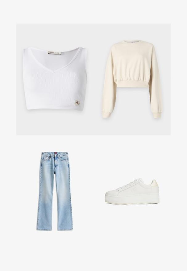 Gekürzter, beiger Sweatshirt mit langen, puffigen Ärmeln. Verfügt über einen elastischen Bund und gerippte Bündchen. Zartes Logo in der Nähe des Ausschnitts gestickt.; Weißes, geripptes Bralette mit V-Ausschnitt, breiten Schulterträgern und einem kleinen Logofähnchen am Saum. Hergestellt aus einem weichen, elastischen Material.; Hellblaue Jeans aus Denim mit hoher Taille, Knopf- und Reißverschluss, fünf Taschen und leicht ausgestellten Hosenbeinen.; Weiße Leder-Sneaker mit rundem Zehenbereich, flachem Schnürdesign und strukturiertem Fersenakzent. Dicke Sohle mit horizontalen Rillen. Klare Linien.