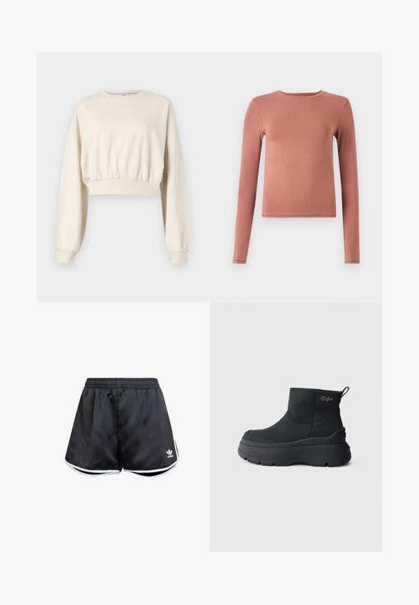 Afskåret, beige sweatshirts med lange, puffy ærmer. Har elastisk talje og ribbede manchetter. Diskret logo broderet nær halsudskæringen.; Langærmet top lavet af blødt, strækbart materiale i en støvet rosenfarve. Har en rund halsudskæring og en tætsiddende silhuet. Ingen mønstre eller accenter.; Sorte atletiske shorts lavet af glat syntetisk materiale, med hvide sideakcenter og et broderet logo nederst til venstre.; Sort højt top platformstøvle med tyk sål, metal "Buffalo" logo på siden og trækstrop bagpå.