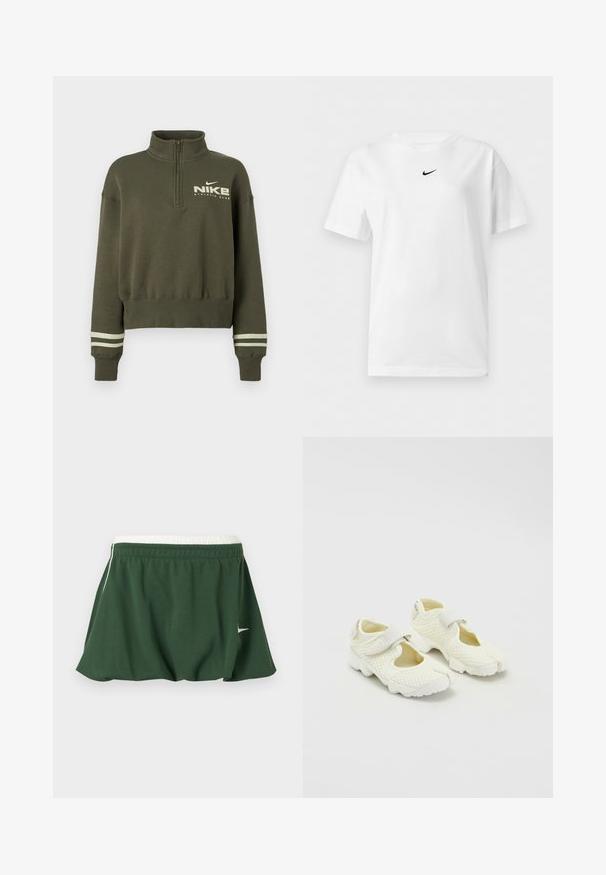 Olivengrøn Nike kvart-zip sweatshirt med høj krave, ribbede ærmegab med to lyse striber og "Nike Athletic Club" logo på brystet.; Hvid t-shirt med korte ærmer og rund halsudskæring med et lille sort Nike Swoosh-logo centreret nær kraven.; Mørkegrøn atletisk nederdel med hvid elastisk talje og lille hvid Nike-swoosh på siden, vist på en hvid baggrund.; Hvide net sko med et struktureret design, der har en velcro-rem og udskårne sider, tekstureret stof og en kraftig sål.