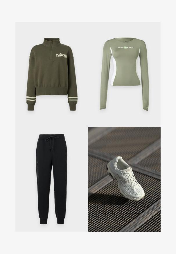 Õlivärvi roheline Nike veerandlukuga dressipluus kõrge kraega, soonikkoes varrukasääred kahe heleda triibuga ja rinnal on "Nike Athletic Club" logo.; Õlivärvi rohelise pika varrukaga Nike Shox topp, valgete külgpaneelide ja neoonroheliste aktsentidega, keha järgiva lõikega ning väikese Swooshi logoga varruka mansetil.; Mustad mustad teksad, millel on reguleeritav vöökoht, lukuga küljetasku ja kitsenevad varrukad. Valmistatud pehmest, tekstuuriga kangast.; Valge Nike jooksutoss, millel on võrgust ja sünteetilisest materjalist ülemine osa, puhates metallvõrgust põrandal pehmes looduslikus valguses.