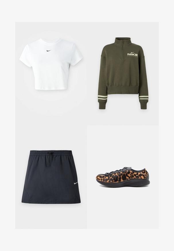 Olívovo zelená neoprénová mikina Nike s vysokým golierom, rebrovanými manžetami s dvoma svetlými pruhmi a logom "Nike Athletic Club" na hrudi.; Biely skrátený tričko vyrobené z bavlny, s krátkymi rukávmi a okrúhlym výstrihom, s čiernym logom Nike na hrudi.; Čierna športová sukňa s elastickým pásom a nastaviteľným sťahovacím šnúrkou, s malým bielym logom Nike Swoosh na pravej strane.; Nízky profil tenisky s čiernou podrážkou a šnúrkovým dizajnom, ktorý má hnedo-čierny leopardí vzor na bielom pozadí.