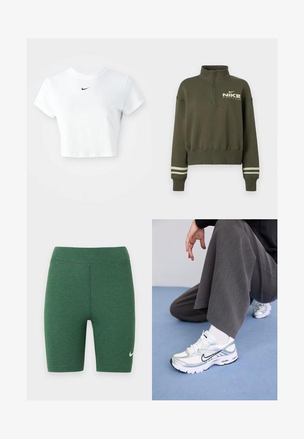 Olivengrøn Nike kvart-zip sweatshirt med høj krave, ribbede ærmegab med to lyse striber og "Nike Athletic Club" logo på brystet.; Hvid kortærmet t-shirt lavet af bomuld, med korte ærmer og rund halsudskæring, og med et sort Nike-logo på brystet.; Grønne atletikshorts lavet af stretchstof. Højtaljet design med flade syninger og en hvid Nike-logo på nederste venstre ben.; Hvide og sølv atletik sko med meshej og syntetiske materialer, der har sorte accentlinjer, snørebånd og strukturerede såler.