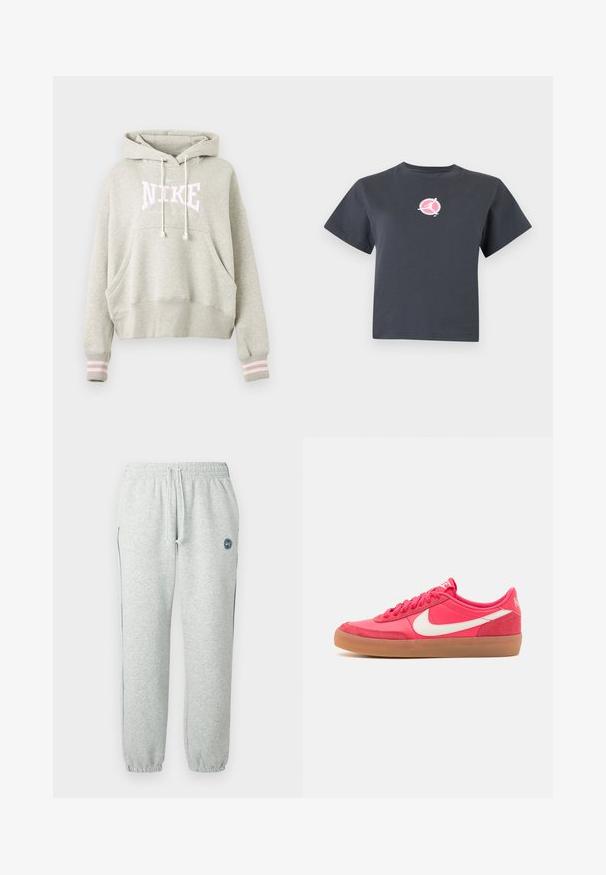 Ανοιχτό γκρι φούτερ Nike με κουκούλα με κορδόνι, μπροστινή τσέπη καγκουρό, ριμπ μανσέτες με δύο ανοιχτόροζ ρίγες και κείμενο λογότυπου στο στήθος.; Σκούρο γκρι cropped t-shirt με κοντό μανίκι και μικρό στρογγυλό ροζ και λευκό λογότυπο με τη σιλουέτα ενός ατόμου σε κίνηση στο στήθος.; Γκρι φόρμες από απαλό ύφασμα, με ελαστική μέση με κορδόνι, εφαρμοστά μανσέτες και λεπτομέρεια με λογότυπο στον μηρό.; Ροζ αθλητικά παπούτσια με λείο συνθετικό πάνω μέρος, λευκό λογότυπο Swoosh και σόλα από καουτσούκ καφέ. Διαθέτει στρογγυλές κορδόνες και μαξιλαρωμένο κολάρο για άνεση.