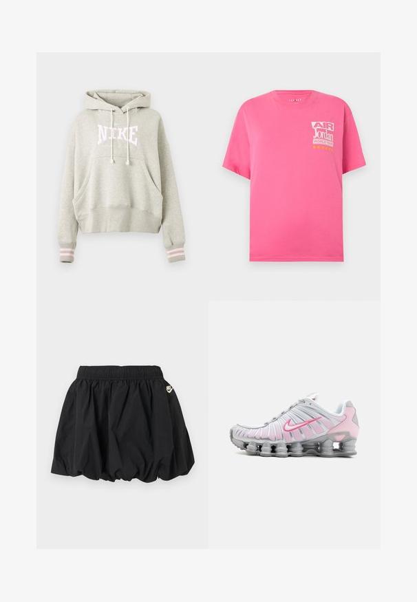 Lysegrå Nike hættetrøje med snørrehætte, front kangaroo-lomme, ribstrikkede ærmegab med to lyserøde striber og logotekst på brystet.; Lyserød T-shirt med korte ærmer, med hvid og gul "Air Jordan World Tour"-logo og seks gule stjerner på øverste venstre bryst.; Sort Nike kort nederdel med elastisk talje og rynket kant, med lille hvid Nike-logo på højre side.; Nike træningssko i hvid og lys pink. Har en mesh-overdel og en markant buet sål med synlig luftdæmpning.