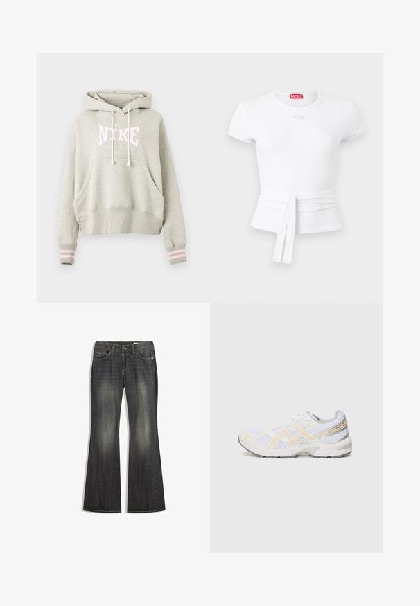 Lysegrå Nike hættetrøje med snørrehætte, front kangaroo-lomme, ribstrikkede ærmegab med to lyserøde striber og logotekst på brystet.; Hvid, ribbet crop top med korte ærmer, rund halsudskæring, aftageligt bånd ved taljen og lille Diesel-logo under kraven.; Sorte denim jeans med flared ben og en let falming, fem lommer og kontraststing, med standard knap og lynlås lukning.; Hvide sportsko med mesh-materiale, med lys orange og grå accenter, en tekstureret sål og en polstret krave for komfort.