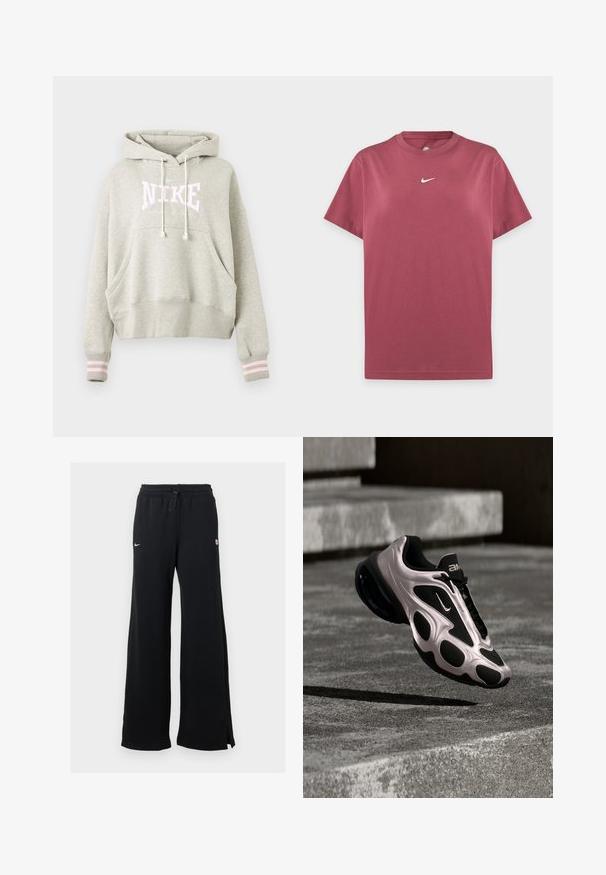Lichtgrijze Nike hoodie met trekkoordkap, voorzak kangaroo, geribbelde cuffs met twee lichtroze strepen en logotekst op de borst.; Eenvoudig bordeauxrood Nike T-shirt met korte mouwen, ronde hals en klein wit Nike swoosh-logo in het midden op de borst.; Zwarte joggingbroek met wijd been, elastische tailleband, trekkoord en logodetail. De stoftextuur lijkt zacht en comfortabel.; Moderne Nike sneaker met zilver- en zwart ontwerp zwevend boven een betonnen oppervlak en trappen op de achtergrond.