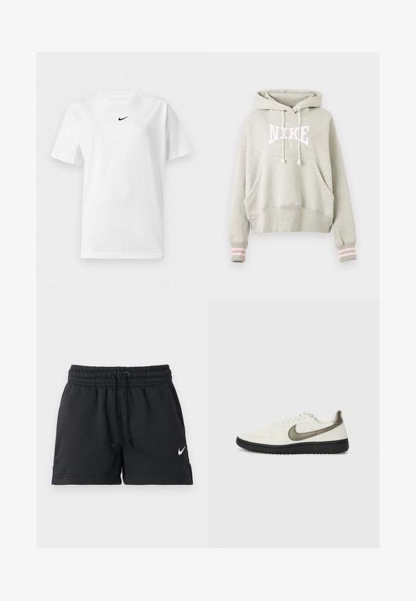Ανοιχτό γκρι φούτερ Nike με κουκούλα με κορδόνι, μπροστινή τσέπη καγκουρό, ριμπ μανσέτες με δύο ανοιχτόροζ ρίγες και κείμενο λογότυπου στο στήθος.; Λευκό T-shirt με κοντά μανίκια και στρογγυλή λαιμόκοψη, με μικρό μαύρο λογότυπο Nike Swoosh τοποθετημένο στο κέντρο κοντά στο γιακά.; Μαύρο αθλητικό σορτς Nike με ελαστική μέση, κορδόνι ρύθμισης, πλαϊνές τσέπες και λευκό λογότυπο Swoosh στο αριστερό πόδι.; Nike Sportswear FIELD GENERAL - Αθλητικά παπούτσια - off-white/black