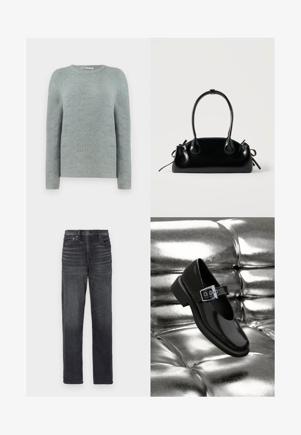 Lyseblå strikket sweater med rund halsudskæring, lange ærmer og et tekstureret bølgemønster i hele stoffet.; Sorte denim jeans med lige ben, der har forlommer, knaplukning og subtilt slid.; Sorte læder Mary Jane sko med firkantet tå, en sølv spænde accent og en chunky lav hæl, sat mod en glansfuld sølv baggrund.; Lille sort blank håndtaske med to lange håndtag og snøre-detaljer i siden på en ensfarvet lys baggrund.