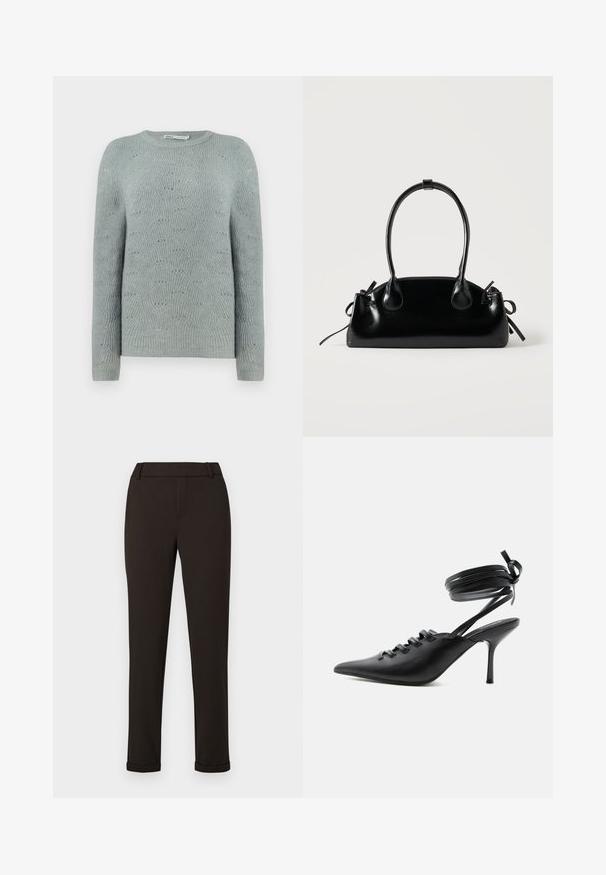 Lyseblå strikket sweater med rund halsudskæring, lange ærmer og et tekstureret bølgemønster i hele stoffet.; Sorte slim-fit bukser med bæltestropper og manchetter mod en ensfarvet hvid baggrund.; Sort spids sko med høje hæle, snørelukning foran og omlægning omkring anklerne bundet med sløjfe, vist fra siden på hvid baggrund.; Lille sort blank håndtaske med to lange håndtag og snøre-detaljer i siden på en ensfarvet lys baggrund.