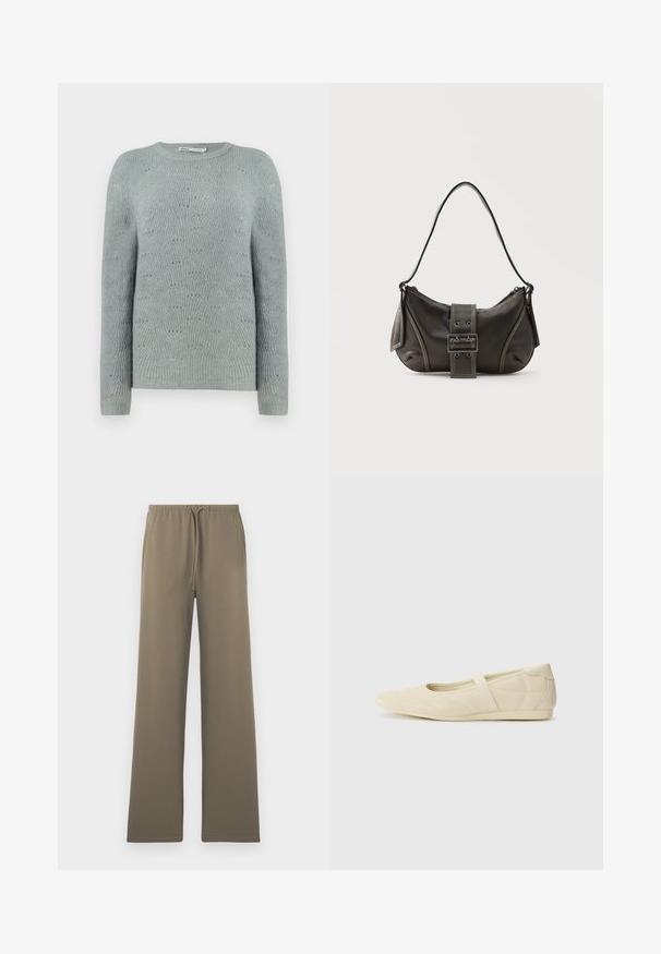 Pull en maille bleu clair avec un col rond, des manches longues et un motif en vagues texturé sur l'ensemble du tissu.; Pantalons larges en vert olive, fabriqués en tissu doux, dotés d'une taille élastique avec cordon de serrage et sans poches visibles.; Ballerines beiges avec une exterior en cuir lisse, un bout en forme d'amande et une sangle élastique sur le coup de pied, avec des détails de couture subtils.; Sac à épaule en cuir noir avec une sangle à boucle, des bords arrondis et des coutures blanches contrastées sur un fond uni.