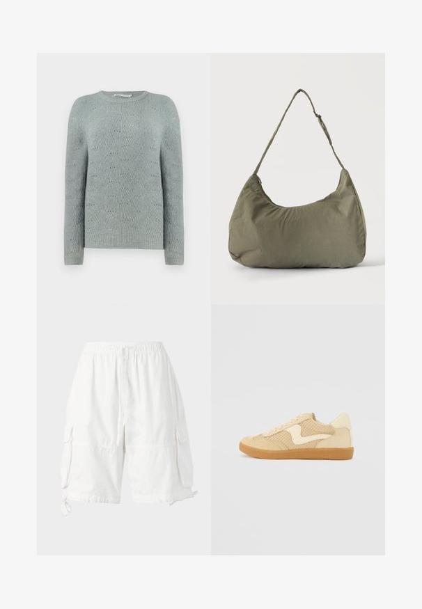 Helles blaues Strickoberteil mit Rundhalsausschnitt, langen Ärmeln und einem strukturierten Wellenmuster im gesamten Stoff.; Weiße Cargo-Shorts mit elastischem Bund und Kordelzug, ausgestattet mit zwei Seitentaschen und verstellbaren Saumkordeln. Hergestellt aus leichtem Stoff.; Beige Sneaker aus Wildleder und Mesh-Materialien, runde Form, auffälliger gepolsterter Kragen und eine Sohle aus Gummi. Verfügt über ein wellenförmiges Design-Highlight.; Olivgrüne weiche Stoff-Schultertasche mit Reißverschluss und verstellbarem Tragegurt vor einfarbig hellem Hintergrund.
