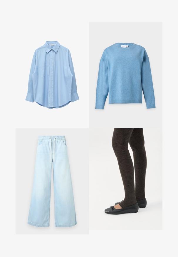 Pull bleu clair à manches longues avec col rond, poignets et bas côtelés, présenté sur fond blanc.; Chemise bleu clair à manches longues avec col pointu et poche poitrine gauche, présentée à plat sur un fond blanc.; Pantalon en jean bleu clair à jambes larges avec taille élastique et cordon blanc, avec poches avant et coupe décontractée.; Jambes portant des leggings côtelés foncés associés à des ballerines noires avec de petits détails en nœud sur fond blanc.