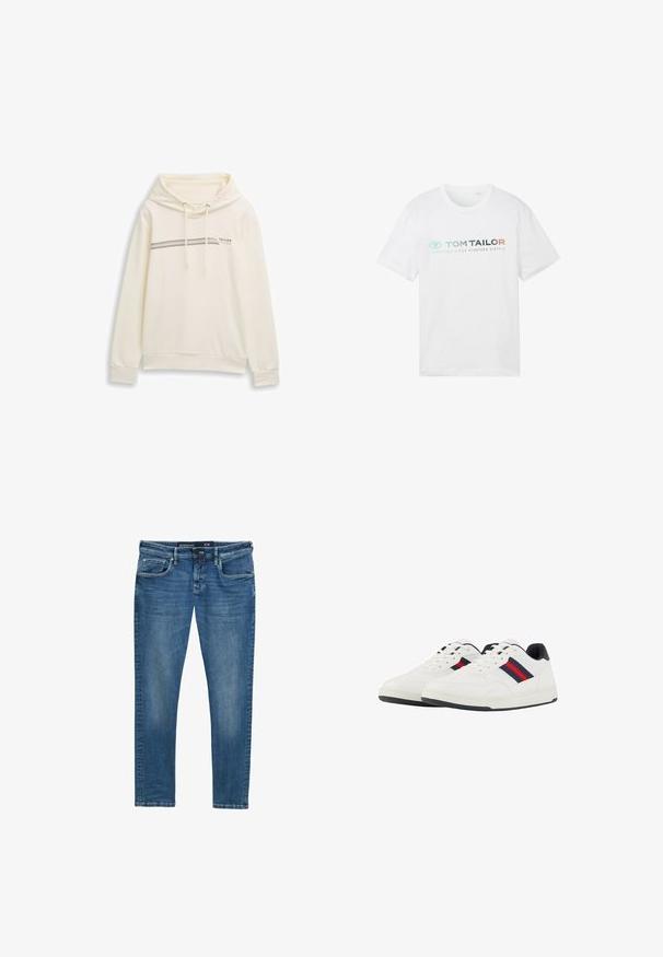 Ecrufarbene Kapuzenjacke mit Kordelzugkapuze, gerippten Bündchen und Saum. Verfügt über ein horizontales Streifenmuster mit dem Text "TAILOR" in dunkler Farbe.; Weißes Baumwoll-T-Shirt mit Rundhalsausschnitt, kurzen Ärmeln und Frontdruck: "TOM TAILOR" mit "ESSENTIALS SINCE NINETEEN SIXTY-2."; Blaue Denim-Jeans mit geradem Bein, Fünf-Taschen-Design, dezenten Abnutzungsspuren an den Oberschenkeln und einem Taillenlabel, das die Größe 31/32 angibt.; TOM TAILOR Sneaker low - white navy