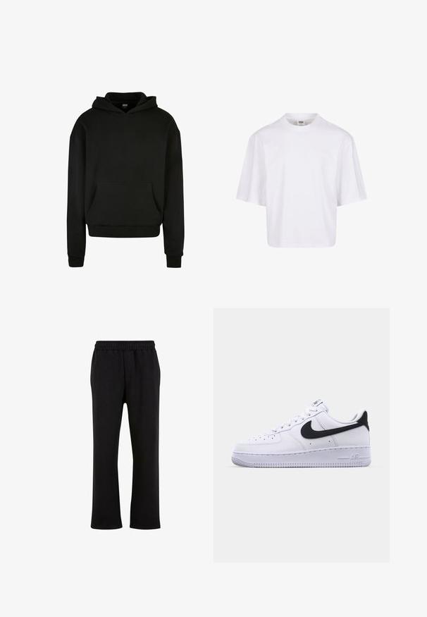 Sort hættebluse lavet af blødt stof, med en frontlomme, ribbede manchetter og et afslappet fit design.; Hvid t-shirt med korte ærmer, der har en rund halsudskæring og en afslappet pasform, lavet af et glat bomuldsblandingsstof. Ingen mønstre eller udsmykninger.; Urban Classics Træningsbukser - black; Hvide lædersneakers med en struktureret sort Swoosh, flade snørebånd og en gummisål med et rillemønster. "AIR" er præget på hælen.