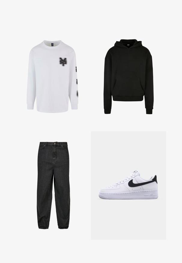 Sweatshirt à capuche noir fabriqué en tissu doux, avec une poche avant, des poignets côtelés et une coupe décontractée.; T-shirt à manches longues blanc en coton, avec des graphiques style peinture en spray noire sur la poitrine gauche et la manche. Design classique à col rond.; Jeans en denim noir à coupe décontractée, avec une fermeture à bouton sur le devant, cinq poches et des détails de décoloration subtils sur le tissu.; Sneaker en cuir blanc avec un Swoosh noir texturé, des lacets plats et une semelle en caoutchouc avec un motif strié. "AIR" est embossé sur le talon.