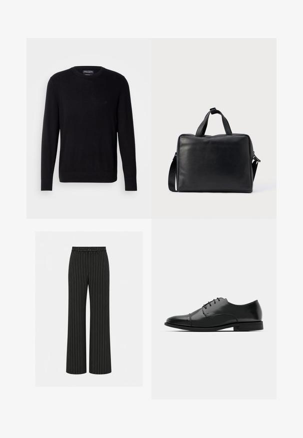 Pull en tricot noir avec un col rond, des manches longues et des poignets côtelés. Présente un logo discret sur la poitrine. Texture de tissu douce.; Pantalon noir à jambes larges avec fines rayures verticales blanches, bouton et passants à la taille.; Chaussure habillée noire en cuir avec un bout rond, un laçage, des détails de couture subtils et un petit talon. Texture lisse avec une finition polie.; Sac de voyage en cuir noir de forme rectangulaire, avec deux poignées, une bandoulière amovible et des ornements minimalistes.