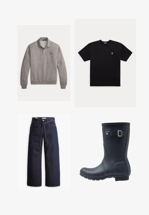 Grå langærmet polo-sweater med ribkanter ved ærmerne, en to-knaps stolpelukning og et lille broderet navyblåt logo på brystet.; Sort T-shirt med korte ærmer og rund halsudskæring med lille hvidt broderet Polo Ralph Lauren-logo på venstre bryst.; Bredde ben mørkeblå denim jeans med høj talje, der har snoretræk, fem lommer og kontrastsyet detaljer.; Sort gummistøvle med rund tå, struktureret sål og justerbar remdetalje. Glat overflade med mat finish.