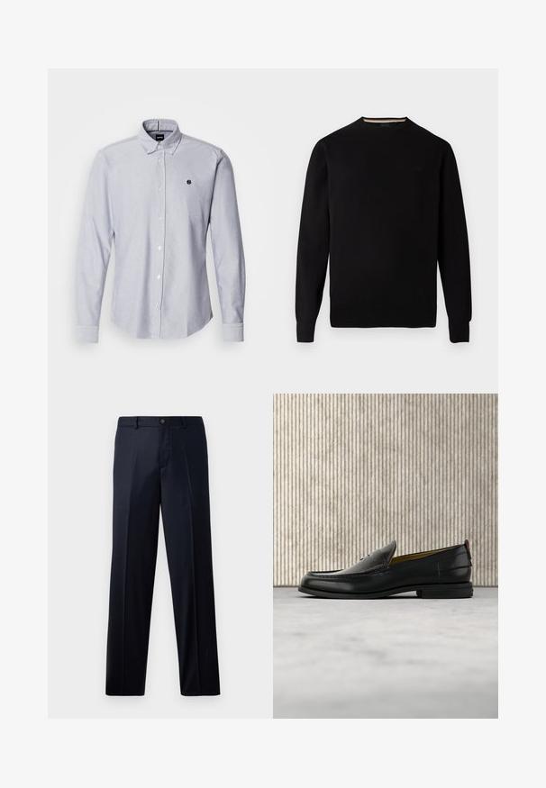 Sort strikket sweater med rund hals, ribstrikkede manchetter og kant, der har et diskret logo på brystet og en kontrasterende indre halskant.; Lyseblå skjorte med lange ærmer, lavet af et struktureret stof. Har et lille logo på venstre bryst og standard manchetter.; Marineblå bukser med flad front, lavet af vævet stof. Har knaplukning, bæltestropper og lige ben.; Sort læder herreloafer med krokodillepræget forstykke og lav hæl, vist i profil på en neutral baggrund.