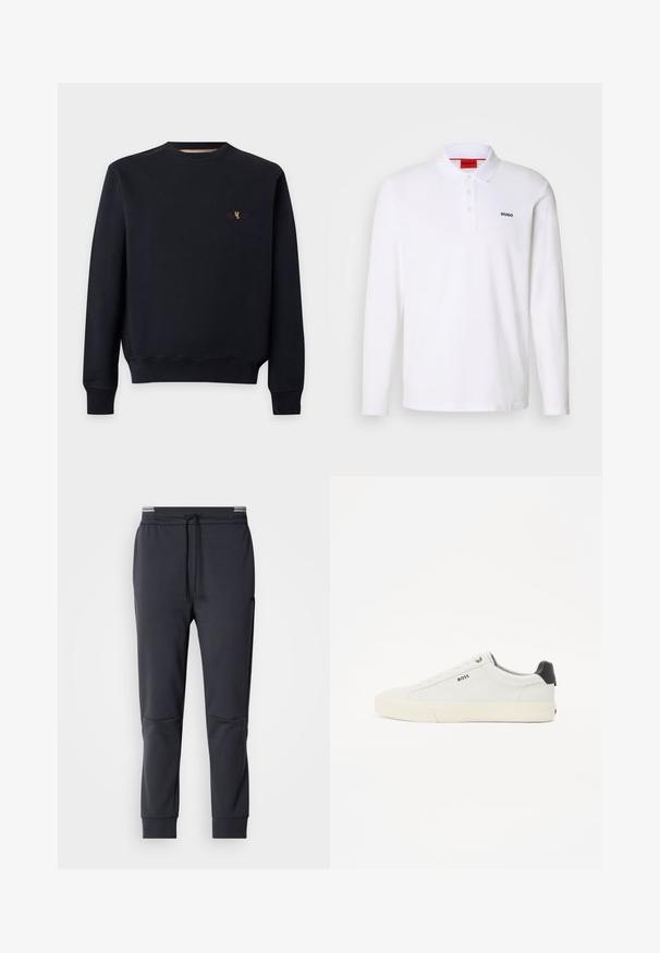 Sort langærmet sweatshirt med ribbede manchetter og kant, rund halsudskæring og lille flerfarvet broderet logo på venstre bryst.; Hvid langærmet polo-skjorte lavet af bomuld med krave, tre-knaps stolpe og sort "HUGO" logo på venstre bryst.; Mørkegrå sweatpants med snoretræk i taljen, tapered ben og sidelommer. Glat tekstur og minimalistiske designdetaljer.; Hvide lædersneakers med en tekstureret finish, der har en sort hælkappe, rund tå og et sort logo på siden. Letvægts gummisål.